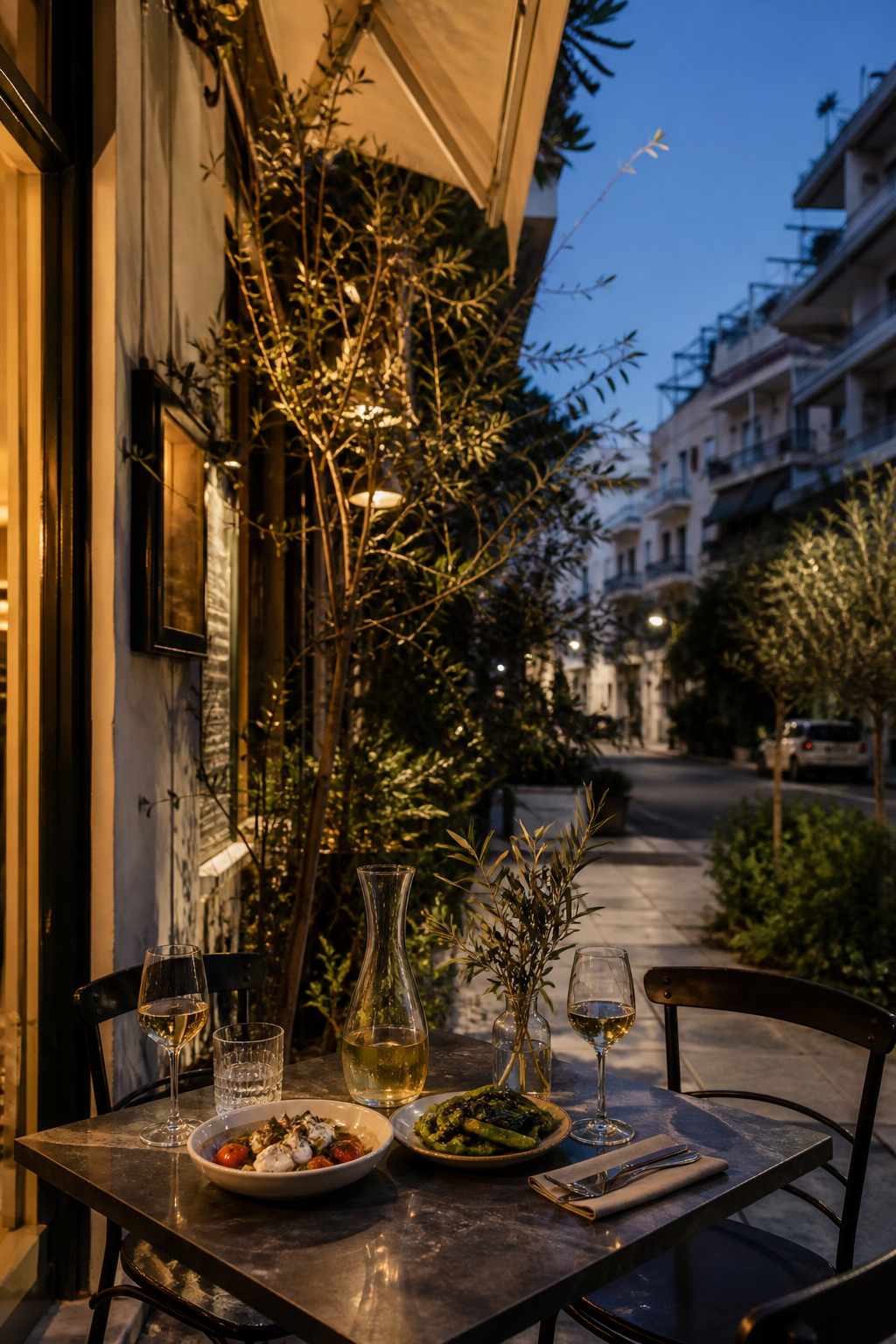 An intimate pavement table on an Athens neighbourhood street at blue hour
